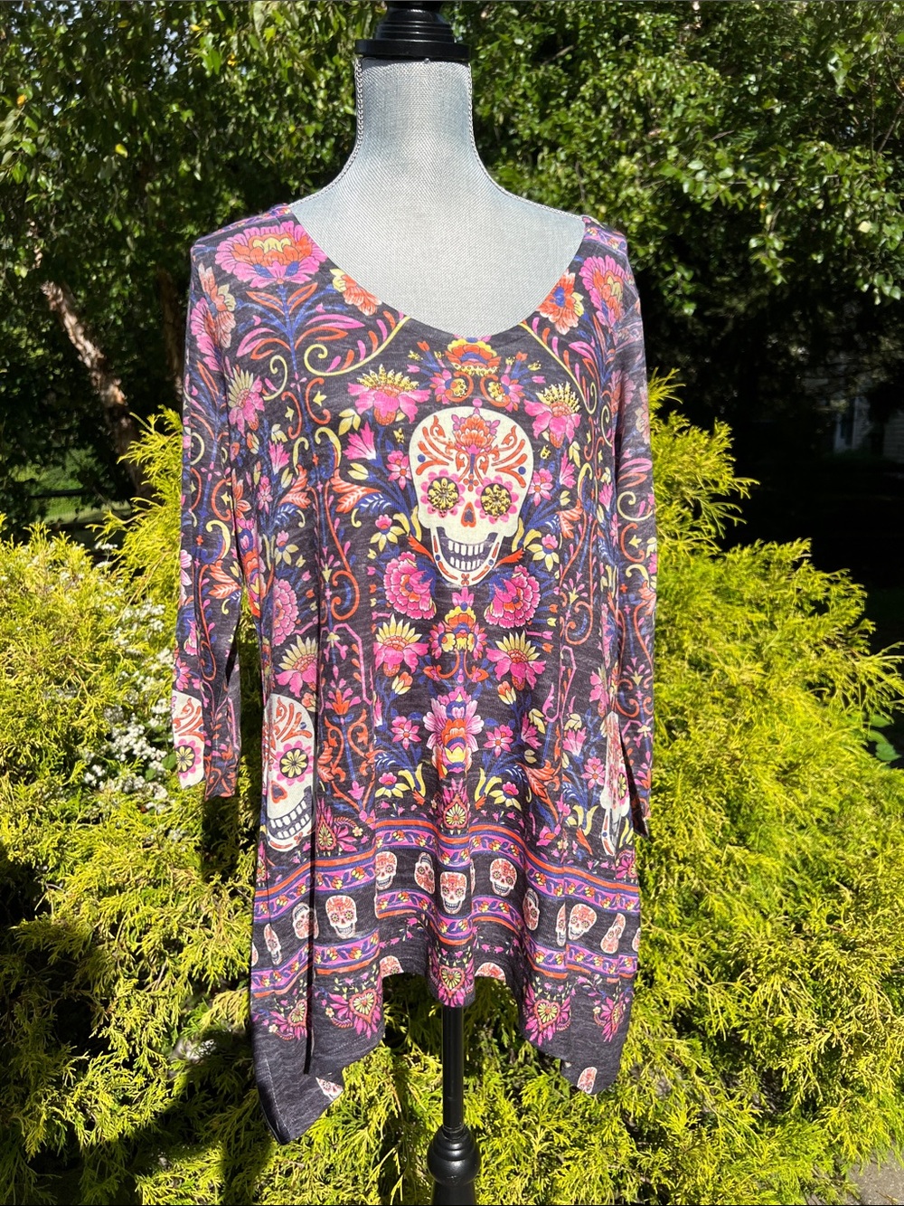 ONE WORLD Floral Sugar Skull Tunic Top Size XL